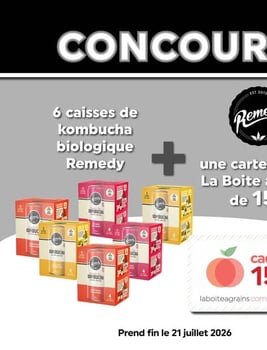 Concours Gagnez 6 caisses de kombuchas biologiques Remedy Drinks et une carte-cadeau La Boite à Grains de 150$! Concours Gagnez 6 caisses de kombuchas biologiques Remedy Drinks et une carte-cadeau La Boite à Grains de 150$!